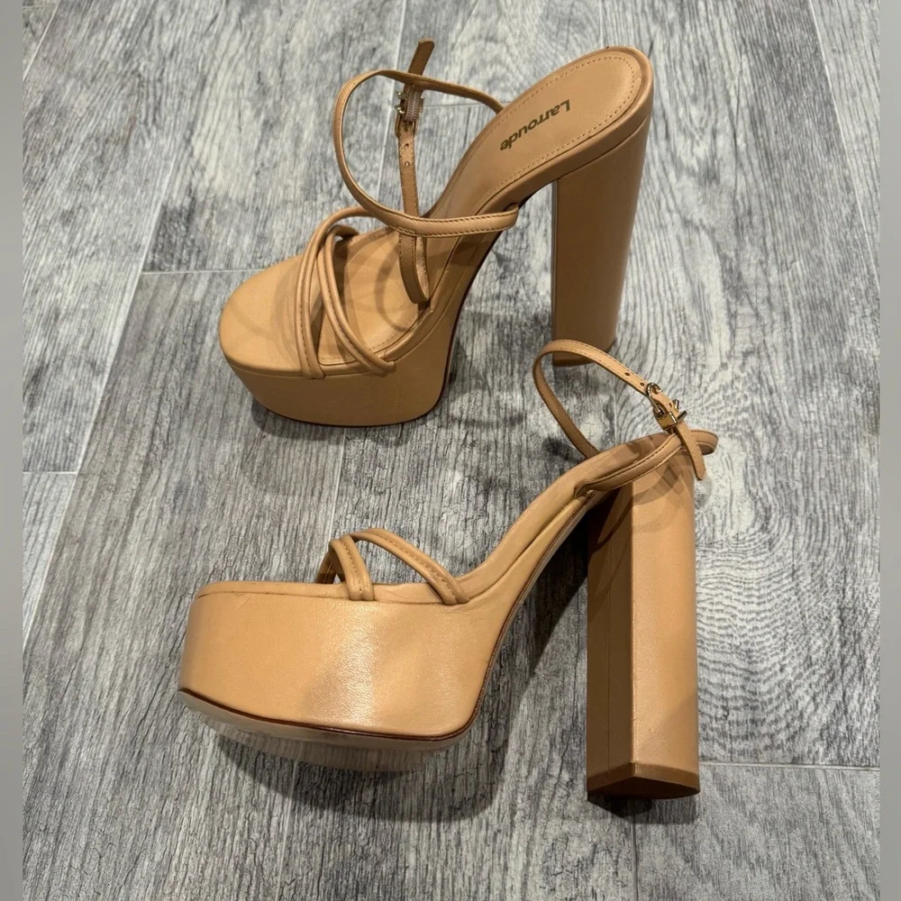 New Larroude tan Annie 140MM Leather Platform Sandals